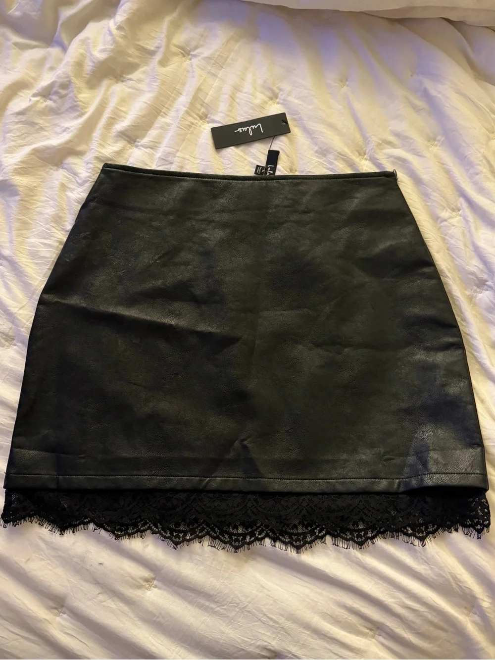 Lulu's Black Faux Leather Mini Skirt with Lace Hem